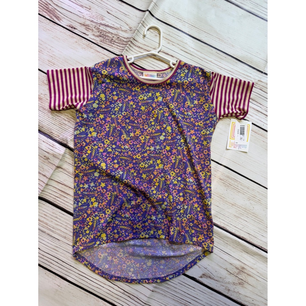 LuLaRoe Gracie Kids Top Size 8 Purple Floral Striped High Low Short Sleeve Shirt